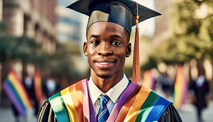 Portrait of an African American male graduate wearing cap and gown with gay pride rainbow colors. - obrazy, fototapety, plakaty