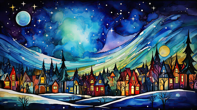 small town at christmas in alcohol ink style