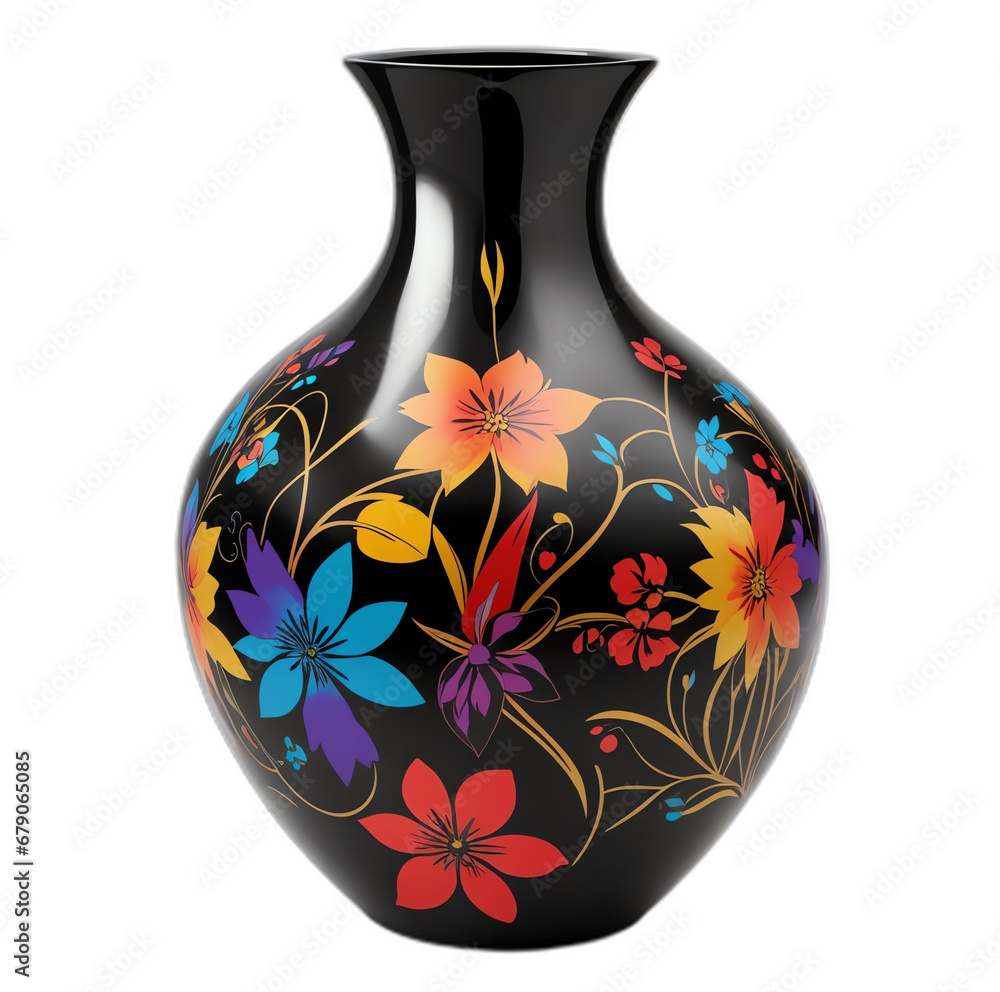 Poster a black vase with colorful design on plain white background from generative ai