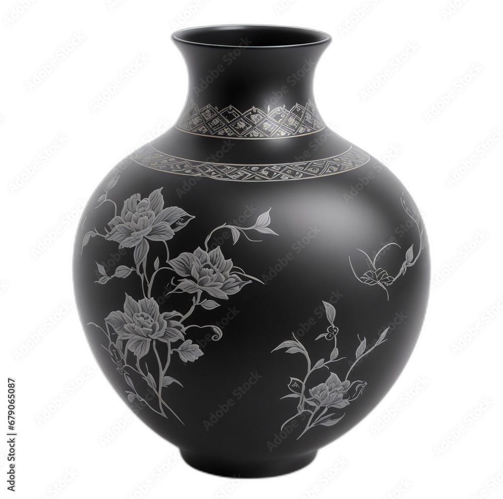Poster a black vase with oriental design on plain white background from generative ai