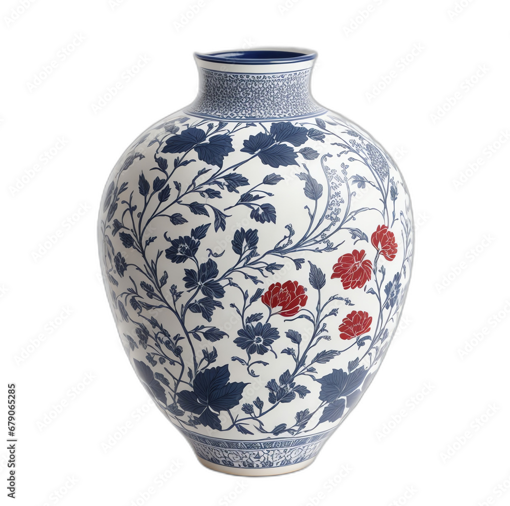 Poster a vase with traditional print design on plain white background from generative ai