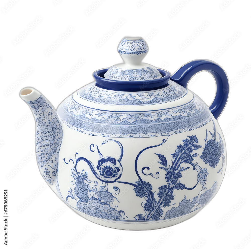 Poster a teapot with oriental design on plain white background from generative ai