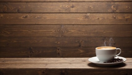 Fototapeta na wymiar Coffee cup on wooden table with coffee beans on wooden background