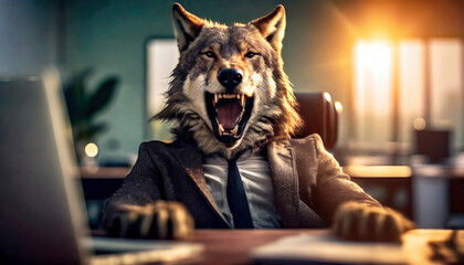 Illustration of a scary anthropomorphic wolf businessman sitting at his desk in the office. Job interview stress. Stress at the office. Stressful and scary boss.