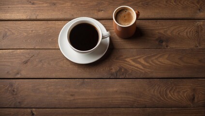 Coffee cup on wooden table. Top view with copy space