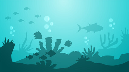 Seascape vector illustration. Scenery of fishes and coral reef in the bottom sea. Underwater panorama for illustration, background or wallpaper - obrazy, fototapety, plakaty