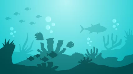 Wandcirkels tuinposter Seascape vector illustration. Scenery of fishes and coral reef in the bottom sea. Underwater panorama for illustration, background or wallpaper © Moleng