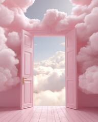 A pastel pink door in the sky between fluffy clouds in bright blue sky. Romantic dreamy surreal idea.