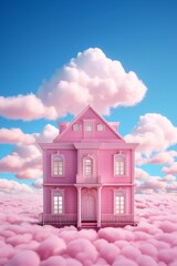 A pink doll house with windows in the sky between fluffy clouds. Bright pink and blue colors. Romantic dreamy surreal concept.