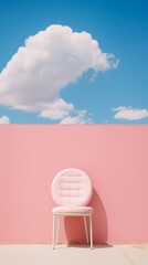 A pink wall with clouds and an old chair.  Minimalist contemporary idea.  Sky-blue and pastels.