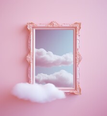 An image of a golden vintage frame mirror with clouds and a pink wall. Surreal romantic concept. 