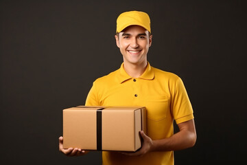 Fototapeta na wymiar Delivery man employee in yellow cap and yellow uniform hold empty cardboard box on dark background. Delivery courier service. Smiling young man postal delivery man delivering package.