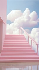 A clouds float over an arrangement of stairs and steps, pastel light pink blue aesthetic. Dreamy romantic idea. Beautiful sky concept.  