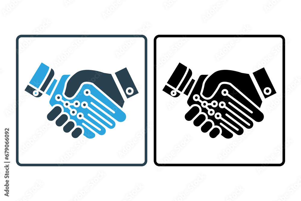 Poster handshake icon. human machine collaboration. handshake between a human hand and a robot hand. icon r