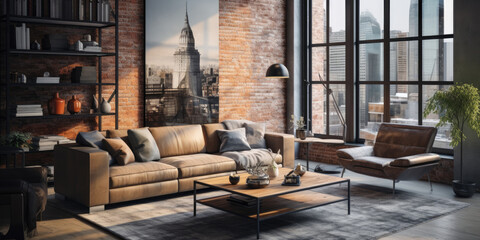 Loft style living room decor , interior design with large sofa, large abstract painting on the background of brick wall - obrazy, fototapety, plakaty