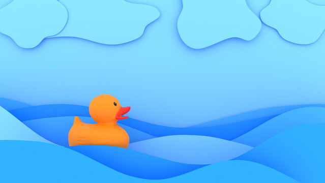duck in the sea on the waves, cartoon style, 3d render