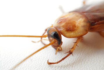 close-up of cockroach with white blank space background.