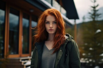 Red haired young woman stands before a modern forest cabin on a gloomy day