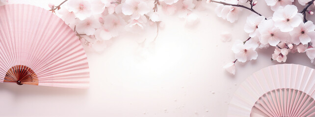 Traditional Japanese fan sensu in pink sakura blossom, spring banner background