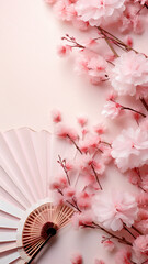Traditional Japanese fan sensu, pink sakura blossom, spring vertical background