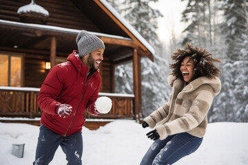 Joyful couple having energy snowball fight outside winter holiday log cabin