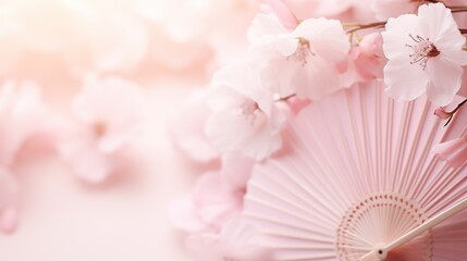 Traditional Japanese fan sensu in pink sakura blossom, spring vibes background