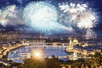 fireworks around Hungarian parliament-  New Year, Budapest