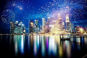 Sfireworks in Singapore New Year celebrations - obrazy, fototapety, plakaty