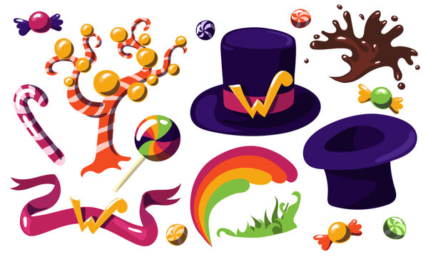 A set of Willy sweets creator. Hat, sweets, rainbow, grass, chocolate splash, caramel trees, striped sweets on a white background. A collection of parts from a fantastic chocolate factory