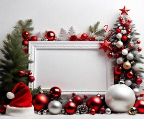 christmas white empty frame, with rich christmas balls, red and golden ornaments, evergreen christmas trees