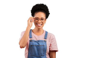 African, happy woman and portrait with glasses or fashion in transparent, isolated and png...