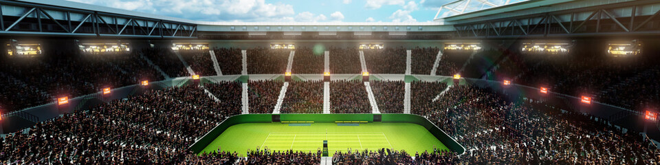 Fototapeta premium Waiting for the game. Aerial view of empty tennis court, arena with net, sport fans tribune with people. Open air stadium. Concept of sport, competition, game, activity, championship, match. 3D render