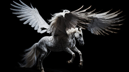 White winged horse silhouette on black background - obrazy, fototapety, plakaty