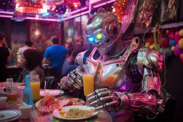 Robot humanoid eating in restaurant. Robotic machine having lunch in futuristic gastronomy bar....