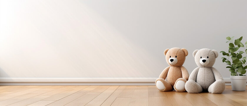 Two funny teddy bears on the floor of a room sitting beside ornamental grass in a pot, near the wall. Simple, minimalist photograph, template with large copyspace.