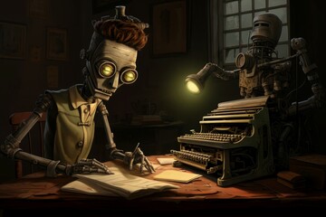 Medieval robot writer. Robotic author redactor with ancient typewriter at the table. Generate ai