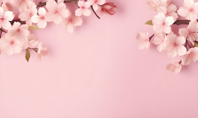 Fototapeta na wymiar Banner with cherry blossom flowers on light pink background. Greeting card template for Wedding, copy space. Generative AI