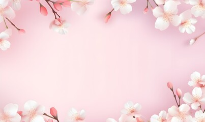 Banner with cherry blossom flowers on light pink background. Greeting card template for Wedding, copy space. Generative AI