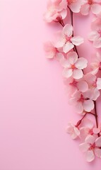 Banner with cherry blossom flowers on light pink background. Greeting card template for Wedding, copy space. Generative AI