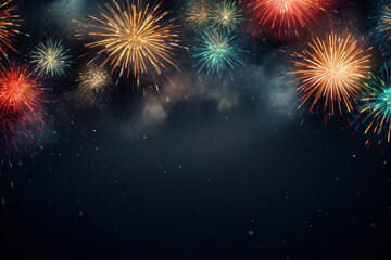 Fototapeta premium Colorful fireworks background with space for your text. Vector illustration. 