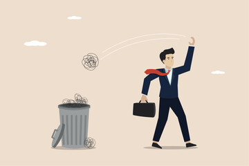Throwing away problems, getting rid of mistakes or bad thoughts, concept of eliminating business problems, business people throwing all problems into the trash.
