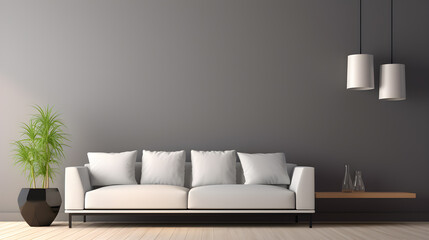Minimalist living room with gray walls, white sofa, 3D model.