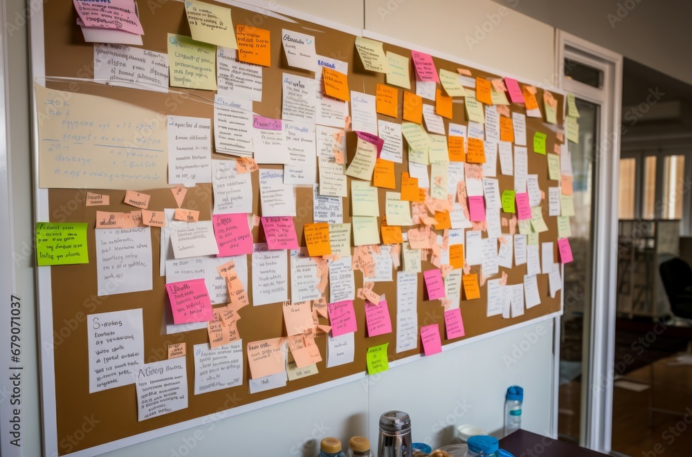 Poster scrum board project management. planning working task with colorful stickers. generate ai
