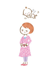 妊娠して幸せを感じる女性とそれを見て喜ぶ天使のイラスト