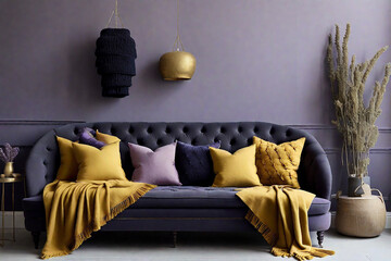 Navy blue settee paired with mustard-yellow tufted cushions and a charcoal knitted throw against a soft lavender wall. generated by AI