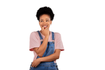 Isolated African woman, biting nails and nervous thinking for mistake, fail or choice by transparent png background. Student, girl or person with confused smile, anxiety and doubt for secret decision