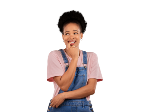 Isolated African woman, biting nails and nervous thinking for mistake, fail or choice by transparent png background. Student, girl or person with confused smile, anxiety and doubt for secret decision - Powered by Adobe