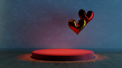  Glossy heart-shaped balloons add a touch of romance and festivity to a modern minimalist room,...