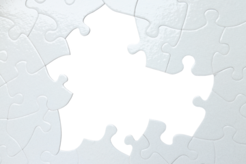 PNG, White puzzle with missing elements, isolated on white background