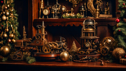 Fototapeta na wymiar Steampunk Christmas decorations and paraphernalia. Decorations, wreaths on the door with a bell